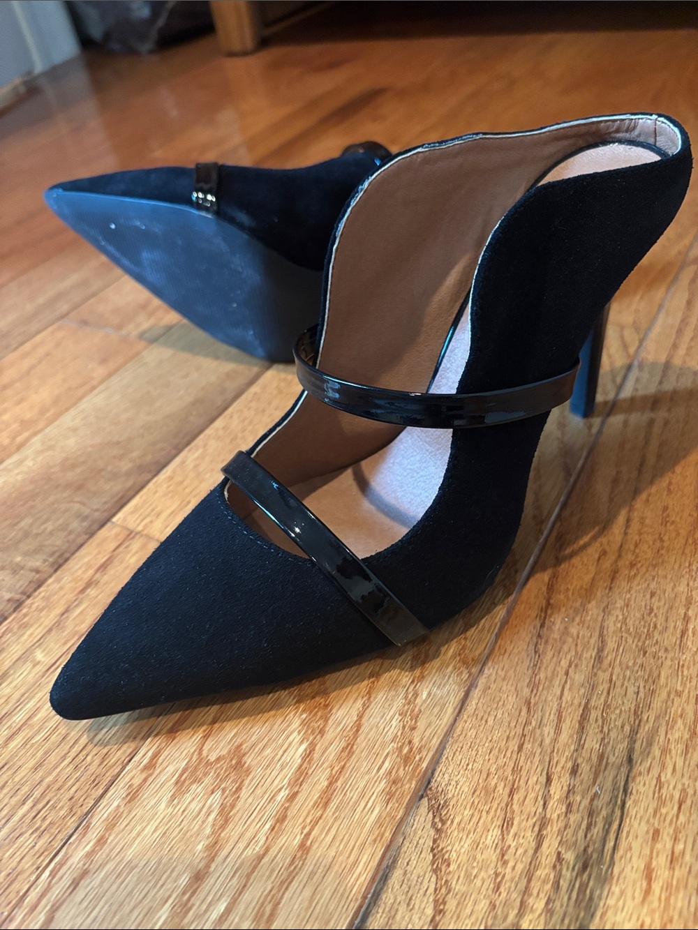 Boston Proper Black Pointed Mary Jane Heels with Patent Straps